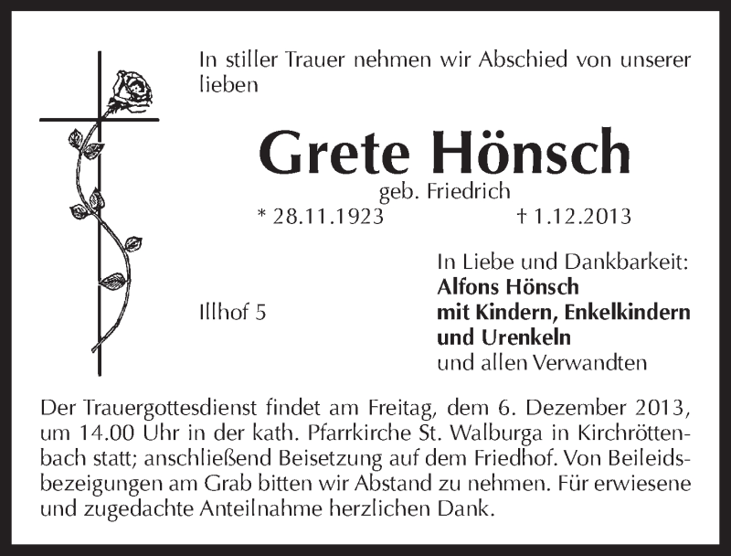  Traueranzeige für Grete Hönsch vom 04.12.2013 aus Pegnitz-Zeitung